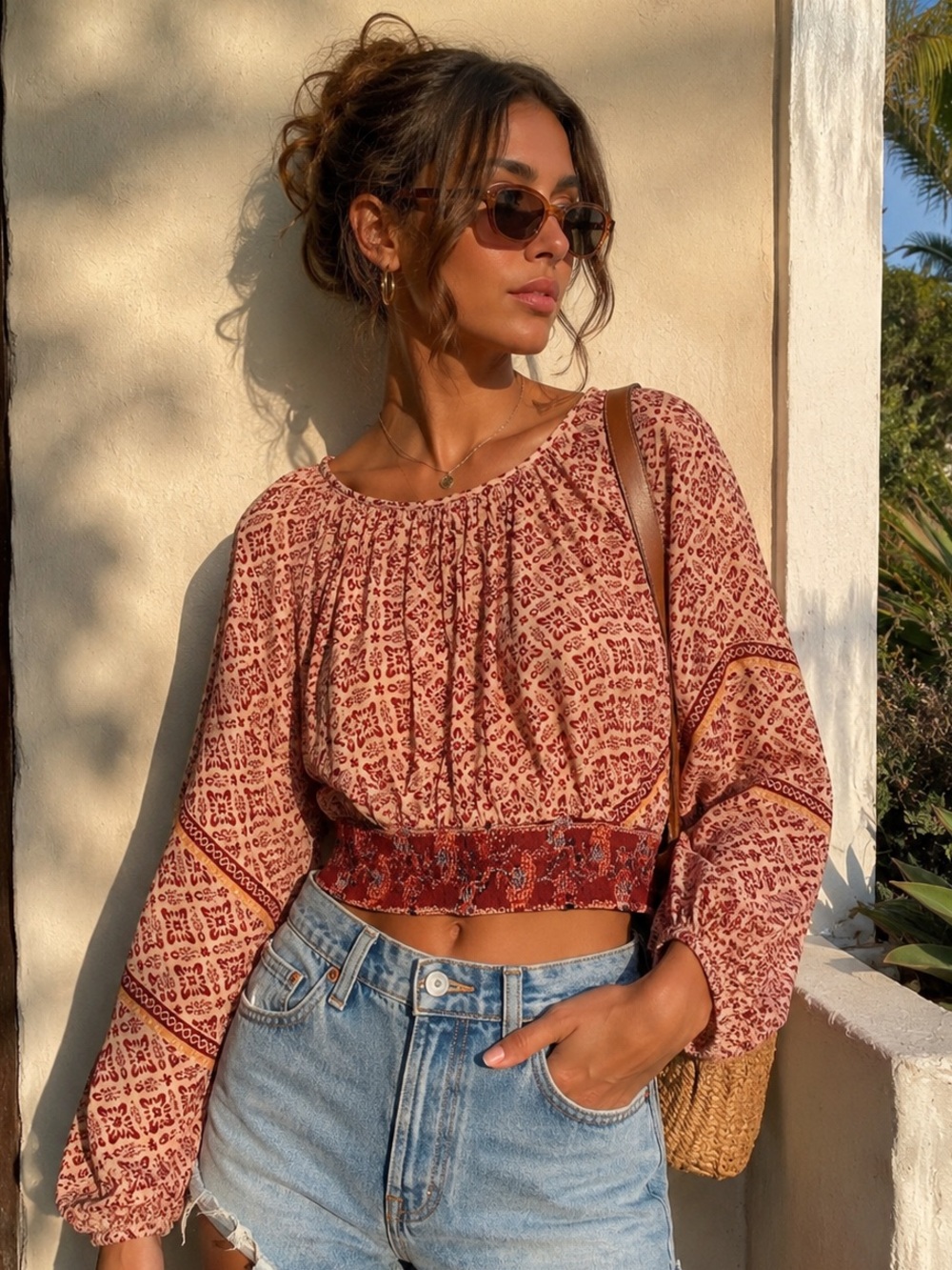 Patrons of Peace Anthropologie Boho Crop Blouse Puff Sleeve Rayon XS Red